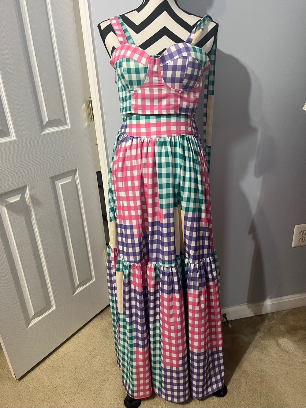 Multicolor Gingham Maxi Set with Bustier Top